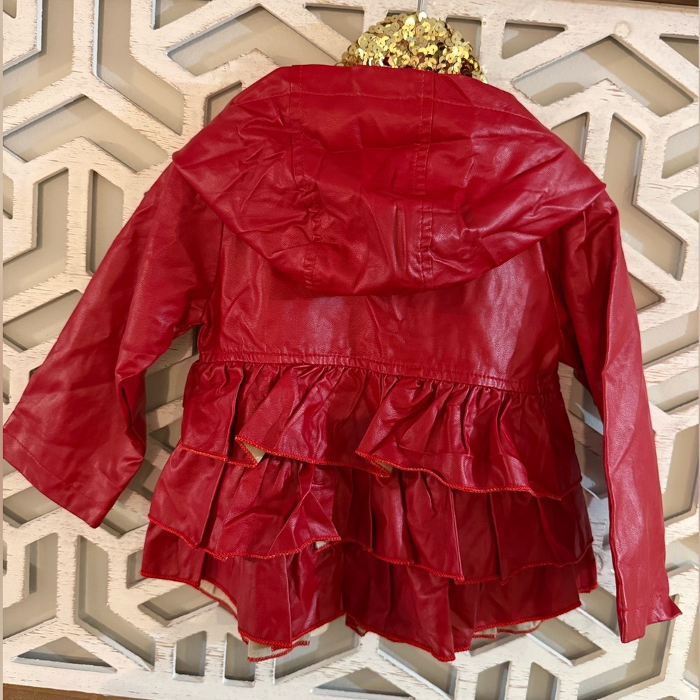 Baby faux leather red hooded jacket with pearl detail